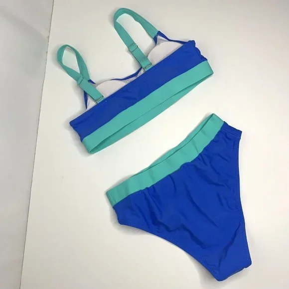 Womens High Waisted Cheeky Bikini Swimsuit Size Small Blue Teal - Picture 9 of 12